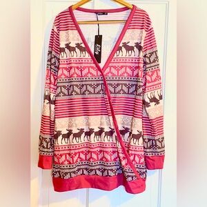Womens XL Lily by Firmiana winter holiday deer faux wrap top NWT